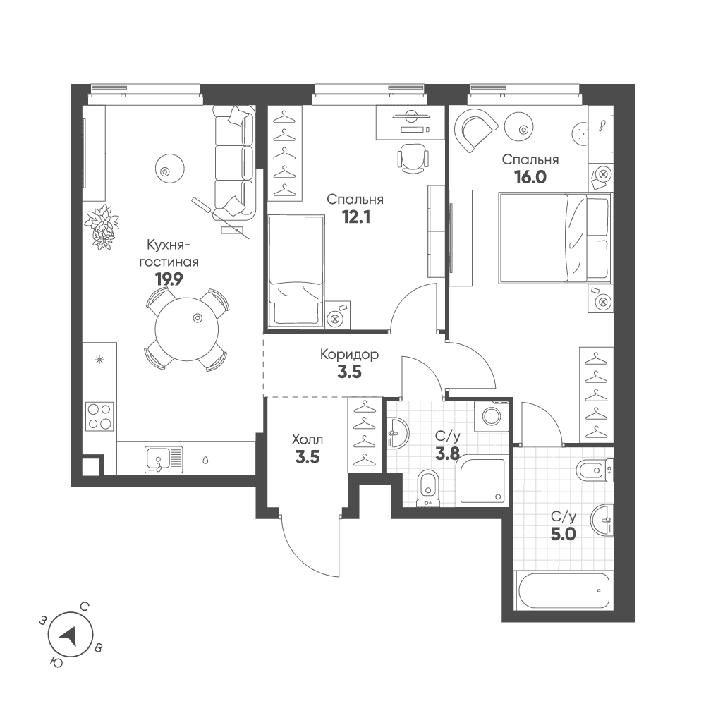 2-комнатная, 63,8 м² — 34 277 039 ₽