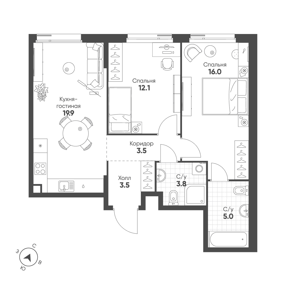 2-комнатная, 63,8 м² — 33 429 529 ₽