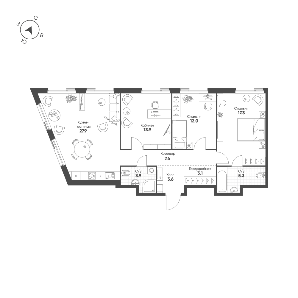 3-комнатная, 94,4 м² — 57 060 392 ₽