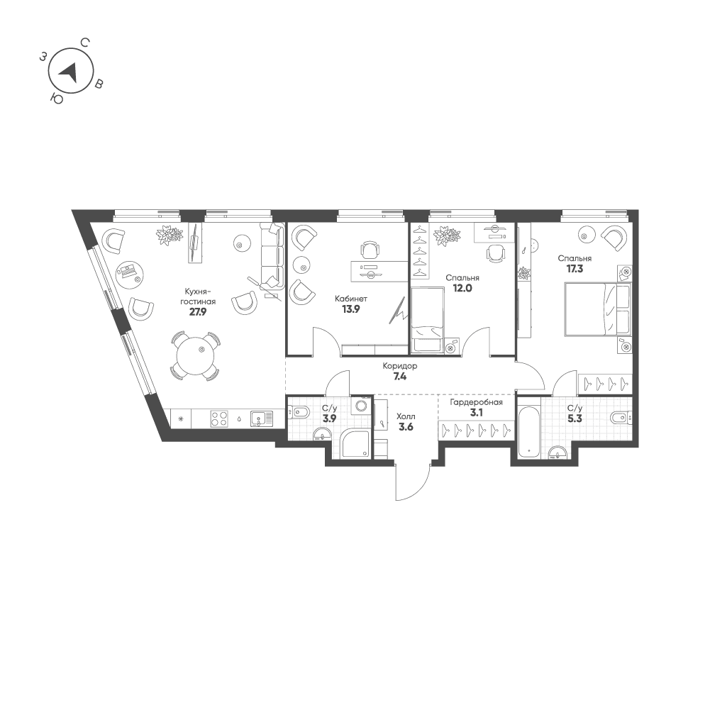 3-комнатная, 94,4 м² — 54 040 997 ₽