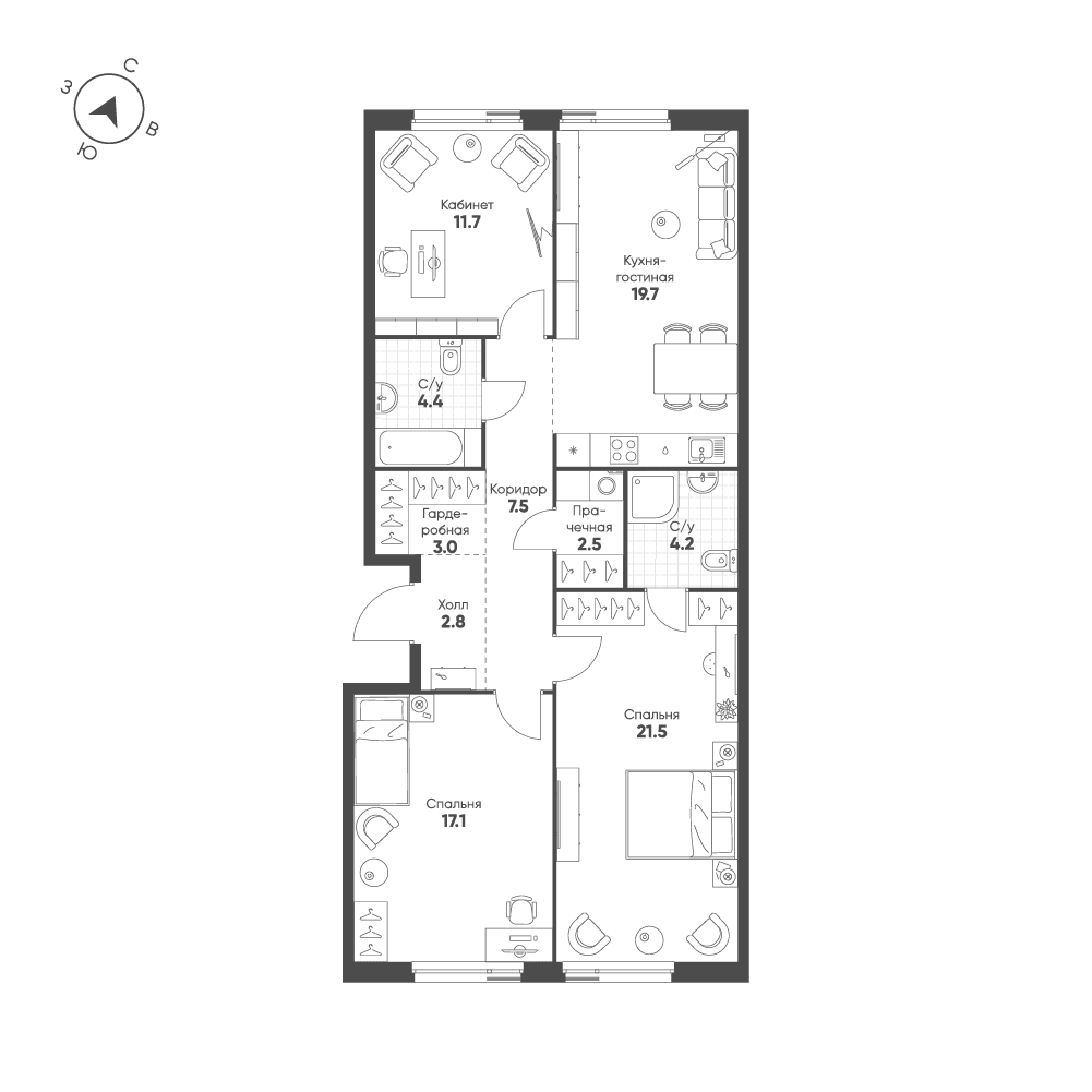 3-комнатная, 94,4 м² — 57 984 695 ₽