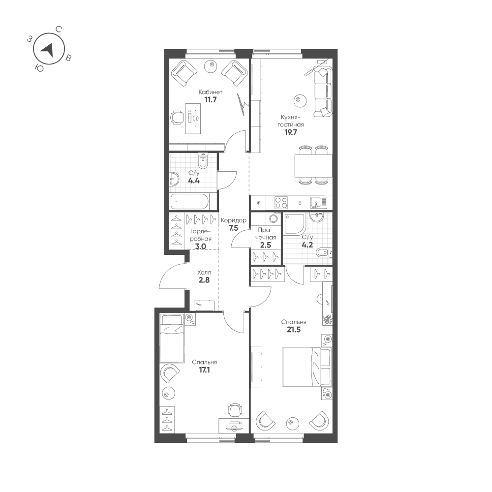 3-комнатная, 94,4 м² — 51 197 221 ₽