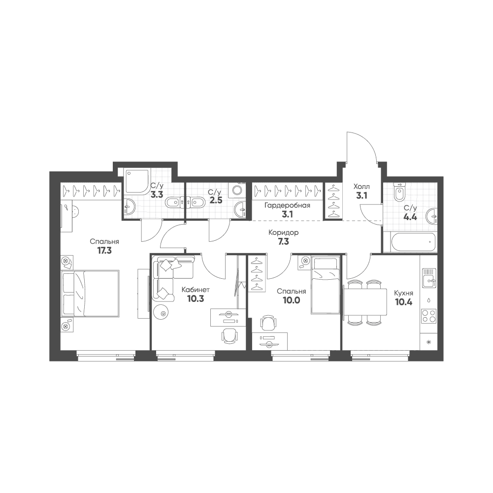 3-комнатная, 71,7 м² — 37 491 772 ₽