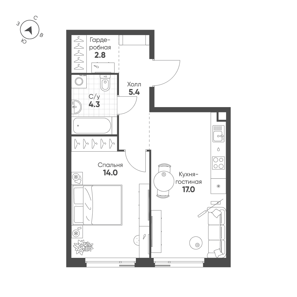 1-комнатная, 43,5 м² — 31 260 848 ₽
