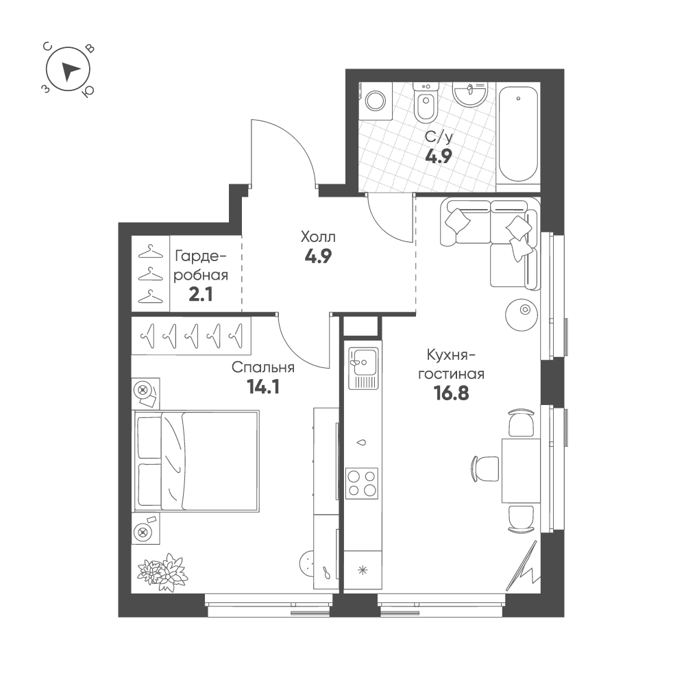 1-комнатная, 42,8 м² — 25 826 854 ₽