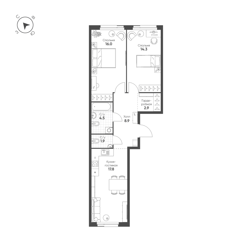 2-комнатная, 66,3 м² — 35 085 689 ₽
