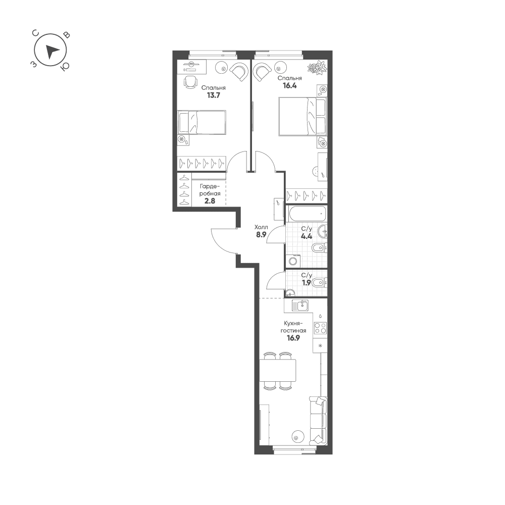 2-комнатная, 65 м² — 44 538 681 ₽