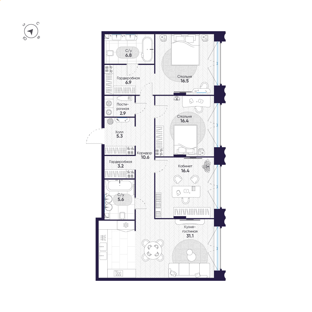 3-комнатная, 121,7 м² — 233 629 931 ₽