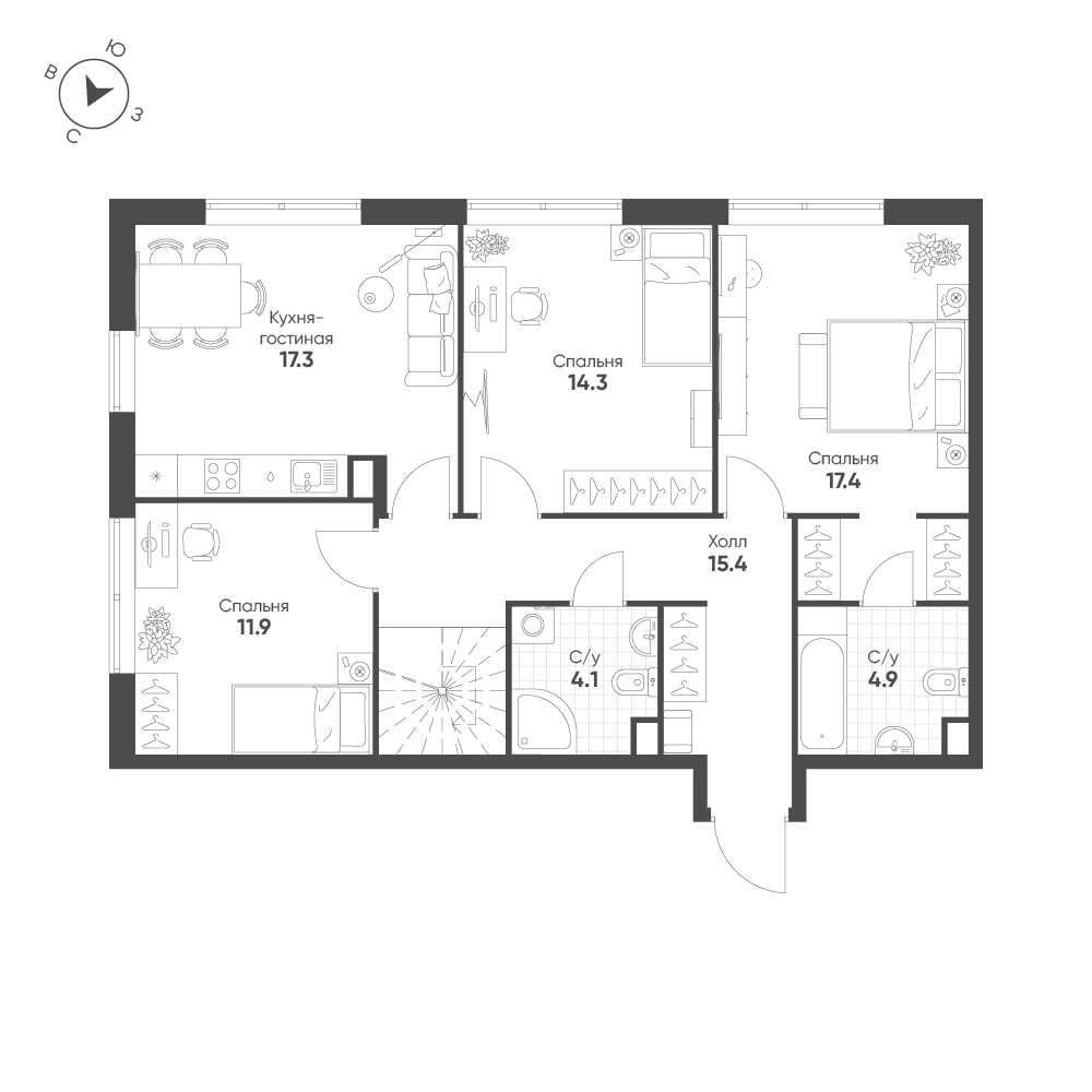 3-комнатная, 85,3 м² — 66 927 692 ₽