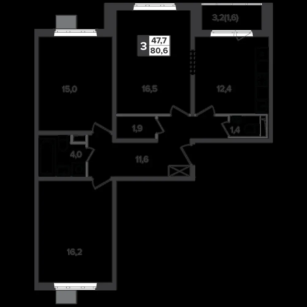 3-комнатная, 79,9 м² — 17 752 981 ₽