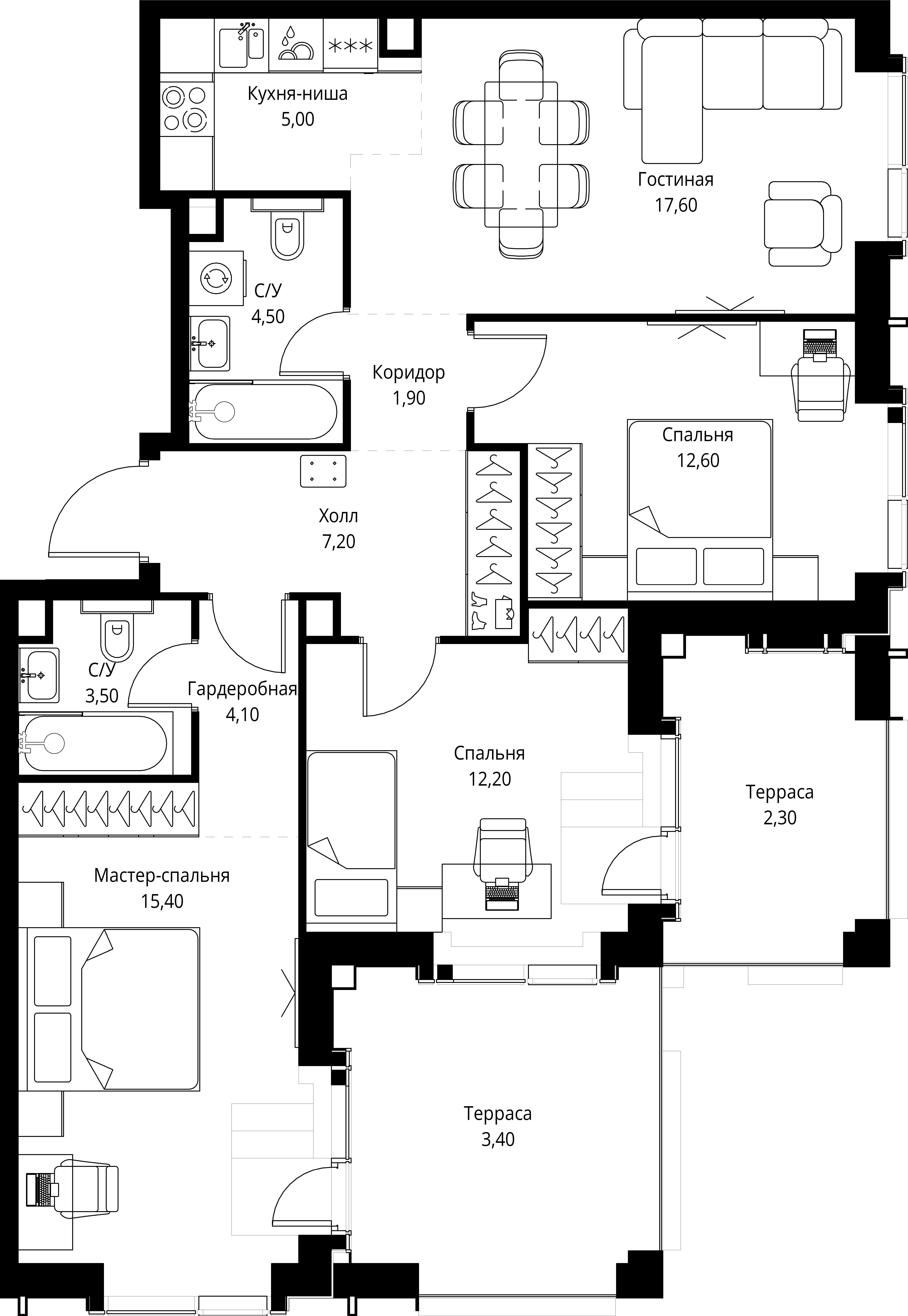 3-комнатная, 89,7 м² — 62 141 309 ₽