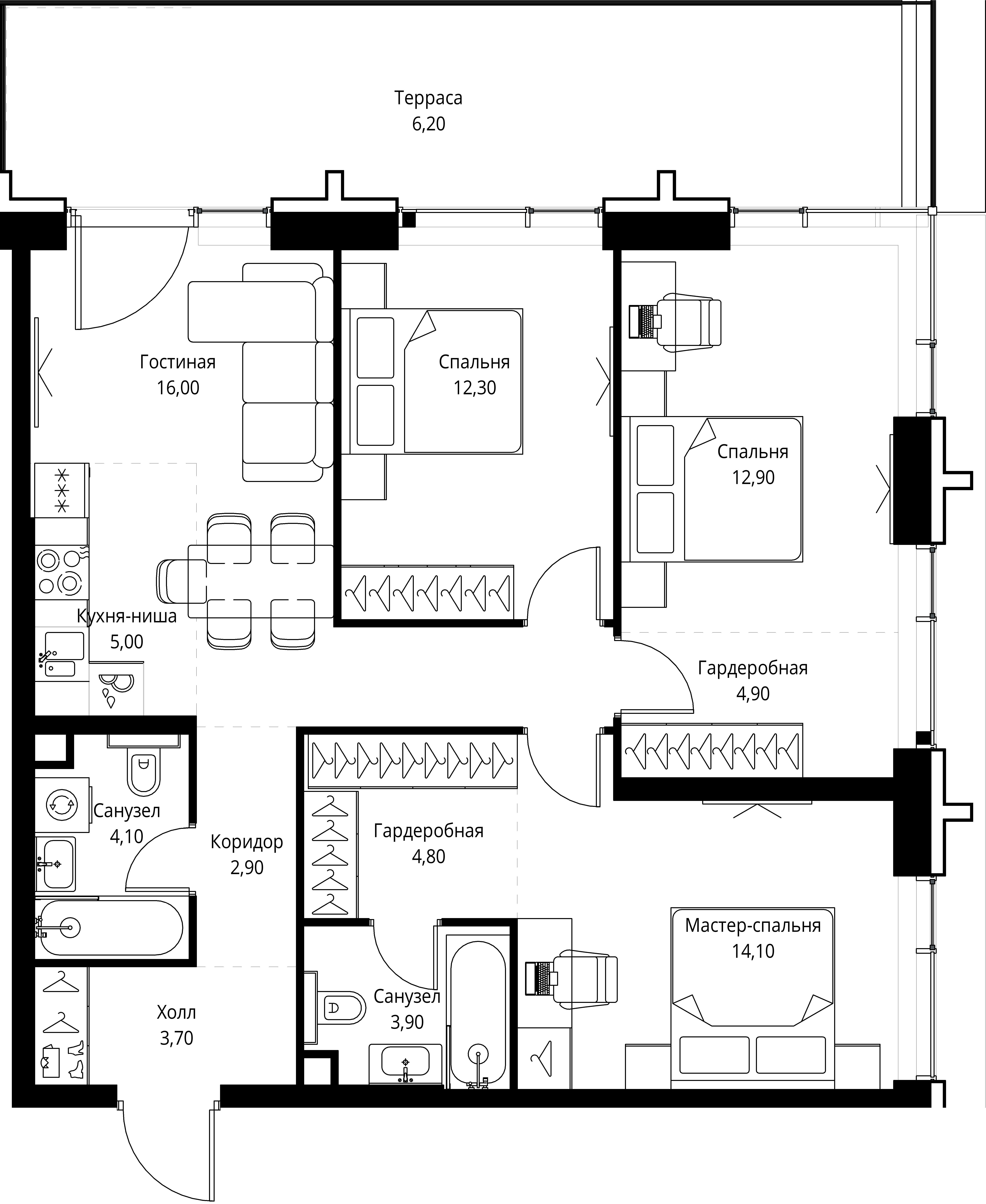 3-комнатная, 90,8 м² — 54 049 388 ₽