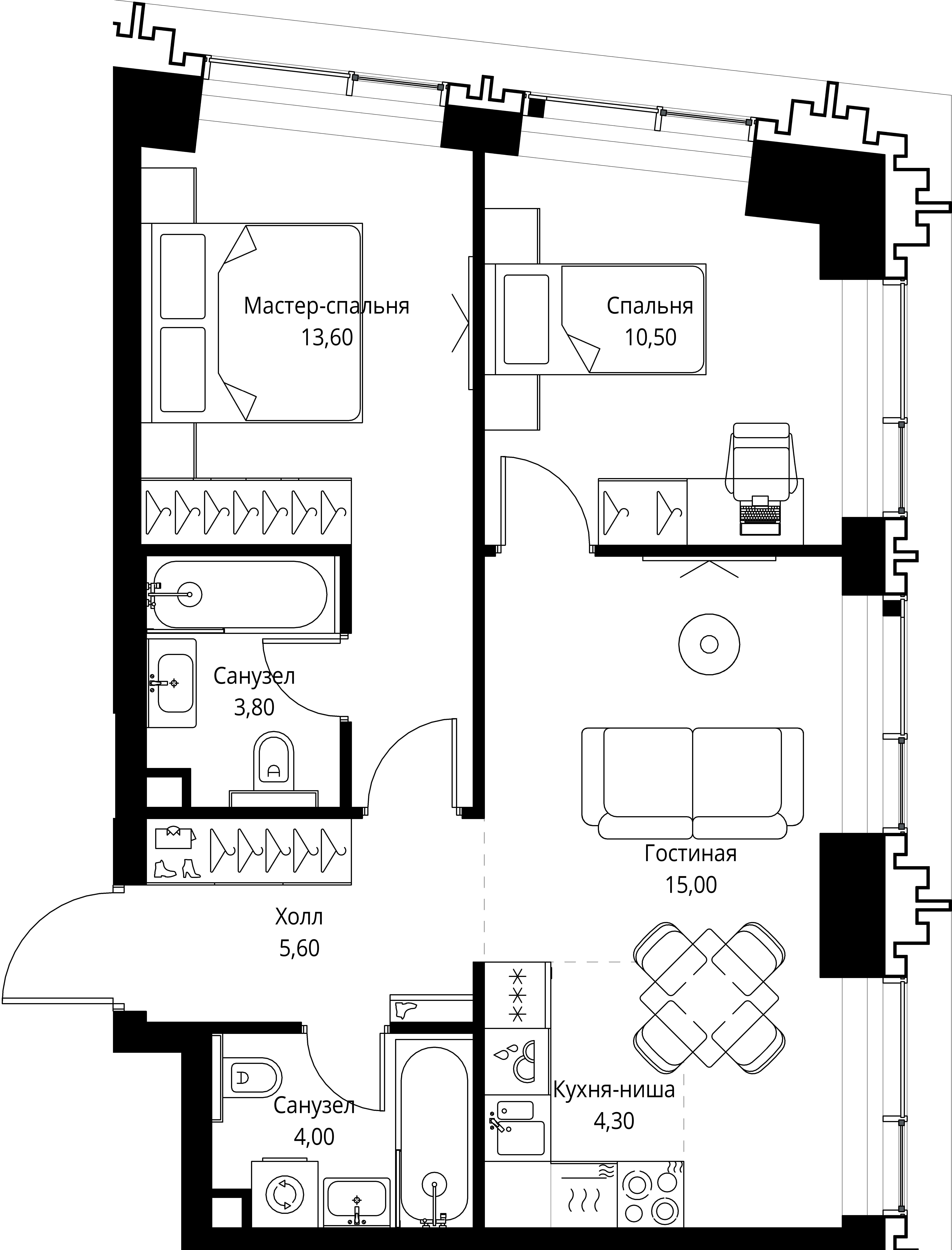2-комнатная, 56,8 м² — 30 440 290 ₽