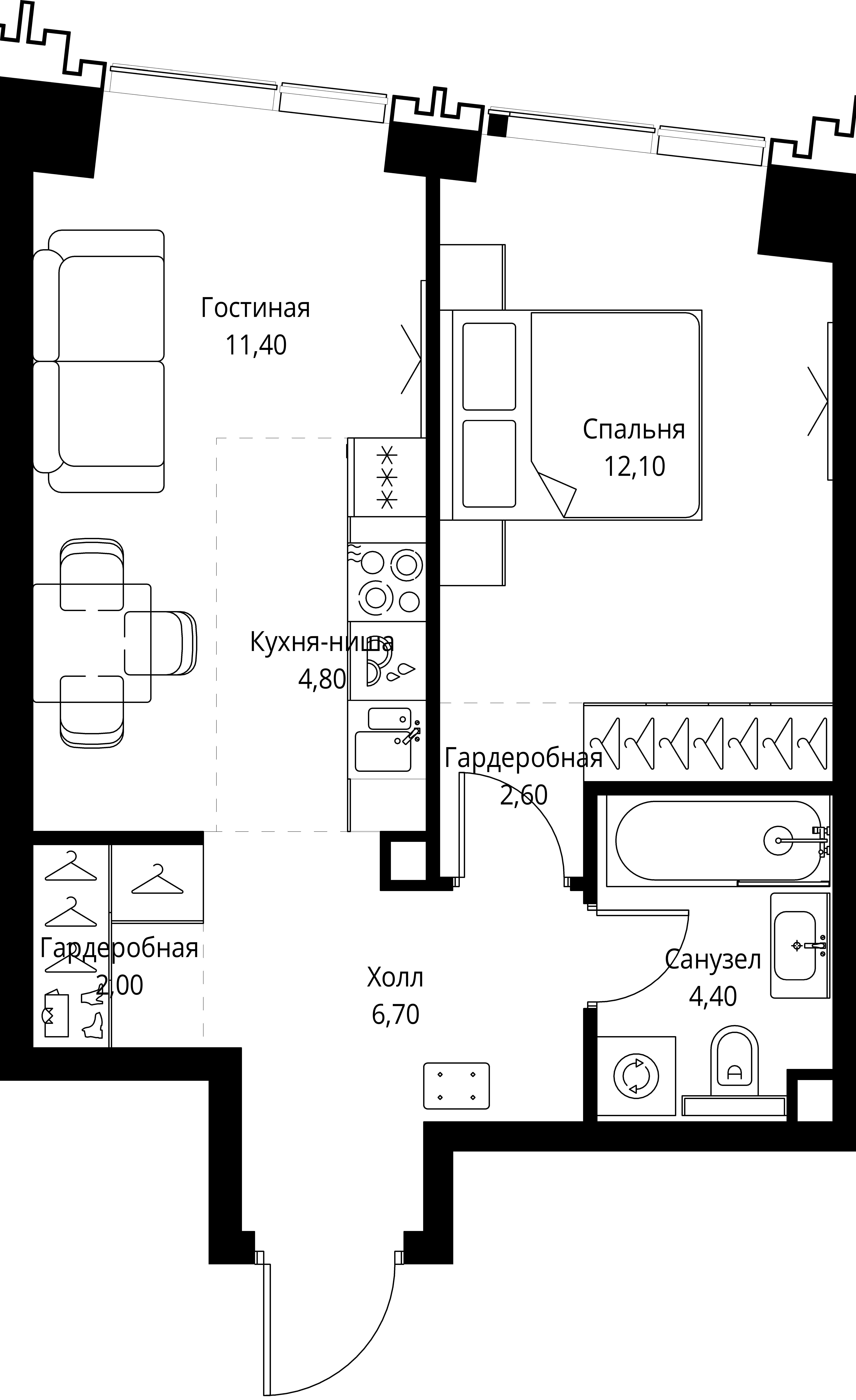 1-комнатная, 43,6 м² — 23 938 959 ₽