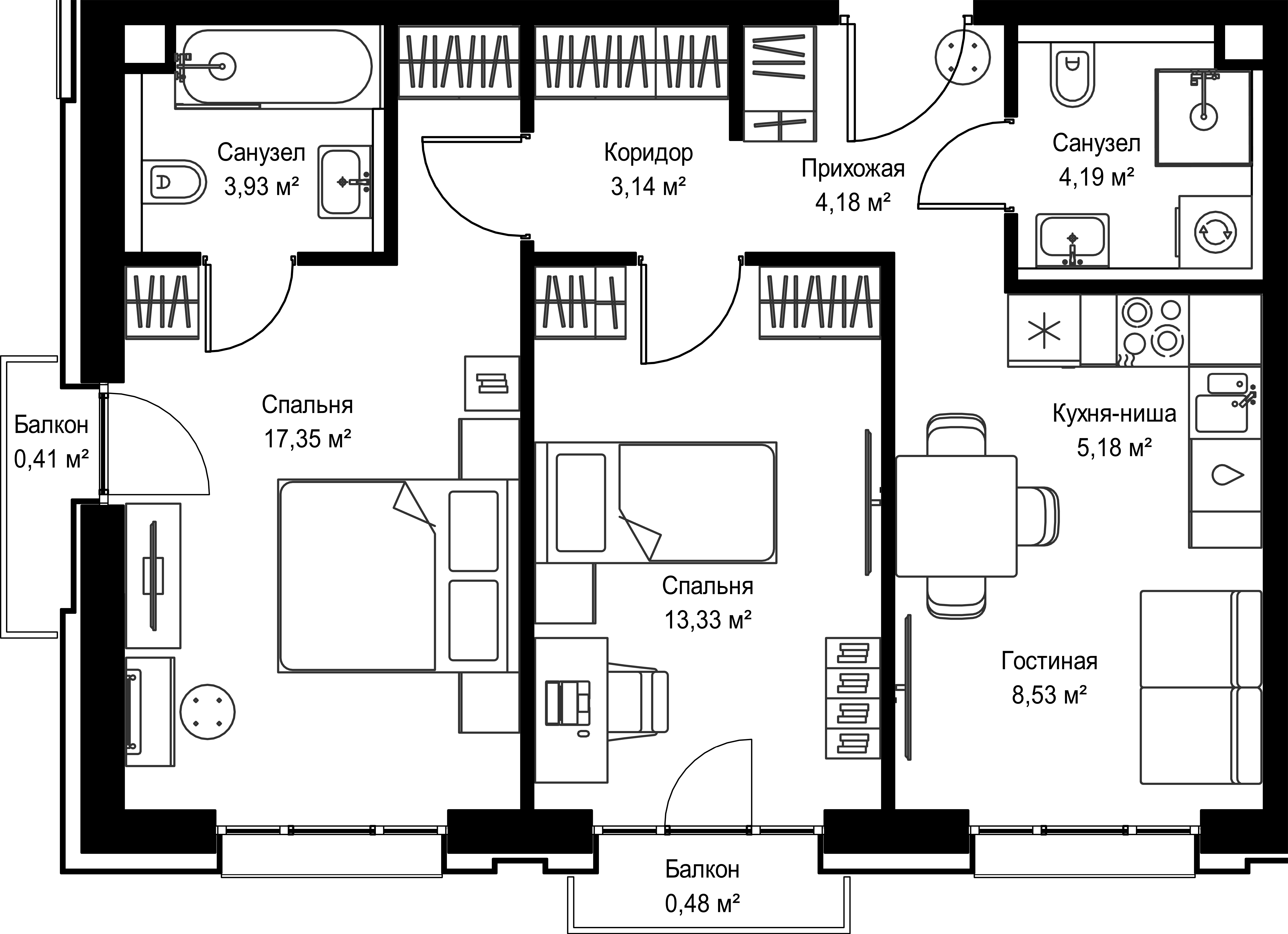 2-комнатная, 60,72 м² — 33 574 881 ₽