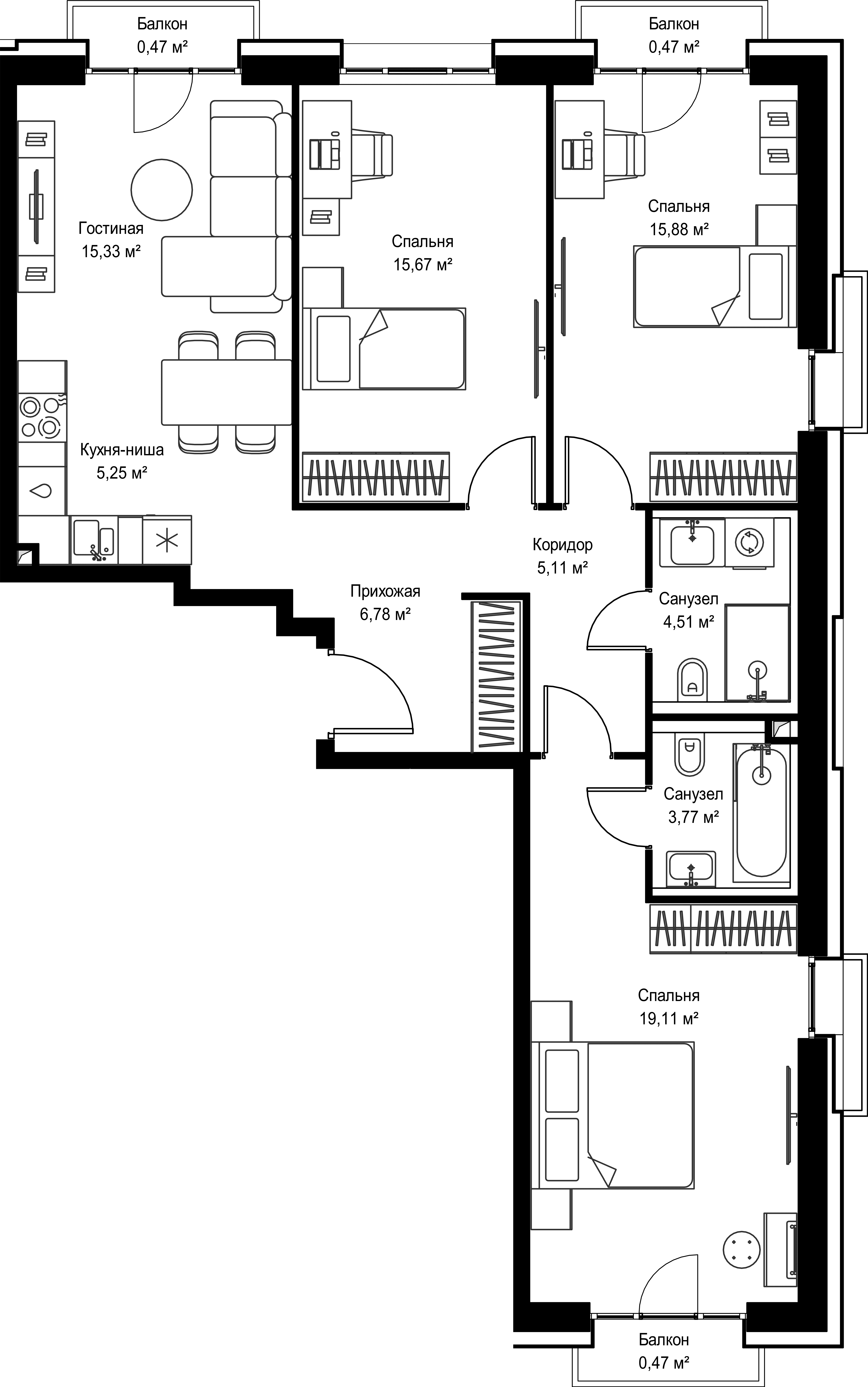 3-комнатная, 92,82 м² — 41 640 444 ₽