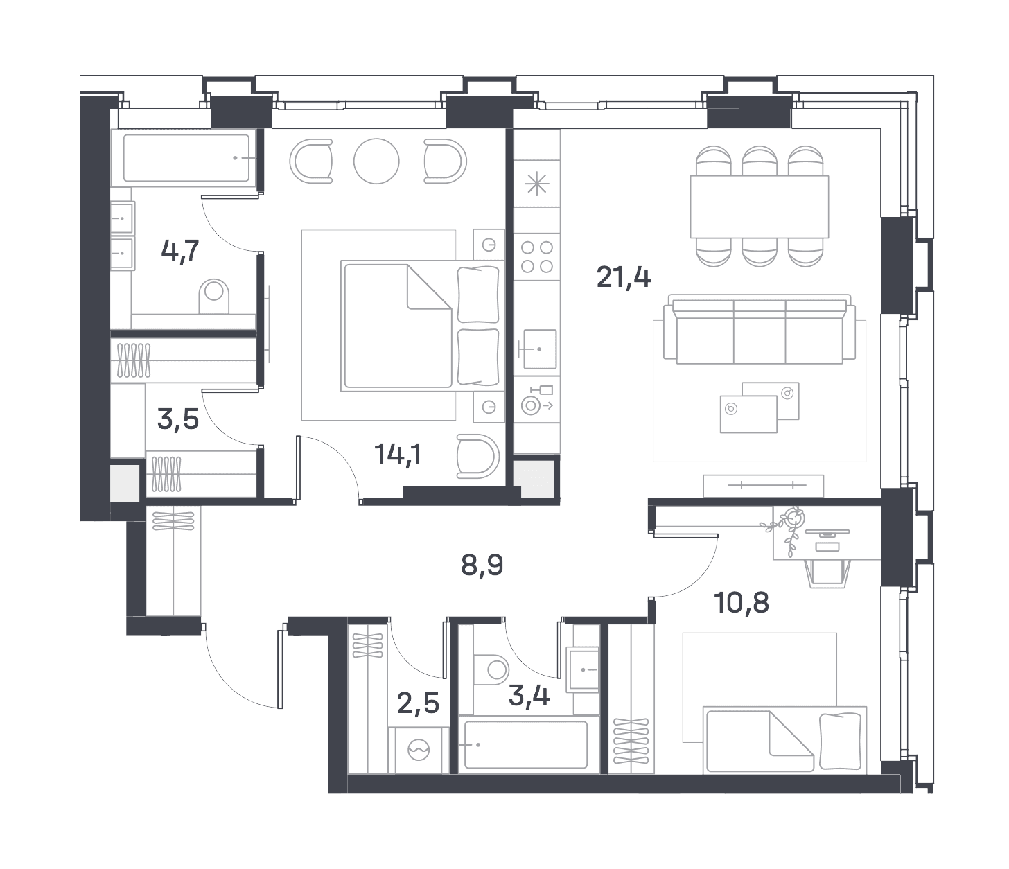 2-комнатная, 68,5 м² — 51 039 350 ₽