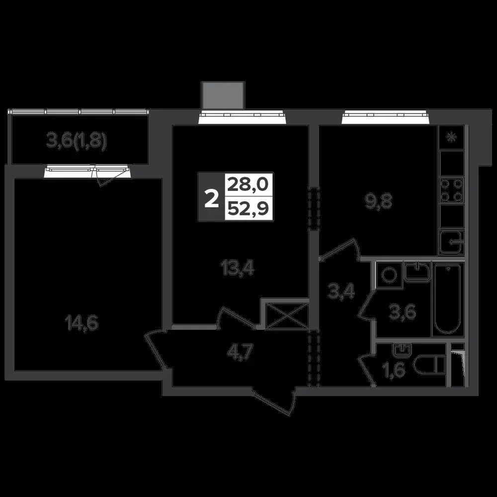 2-комнатная, 52,6 м² — 13 184 979 ₽