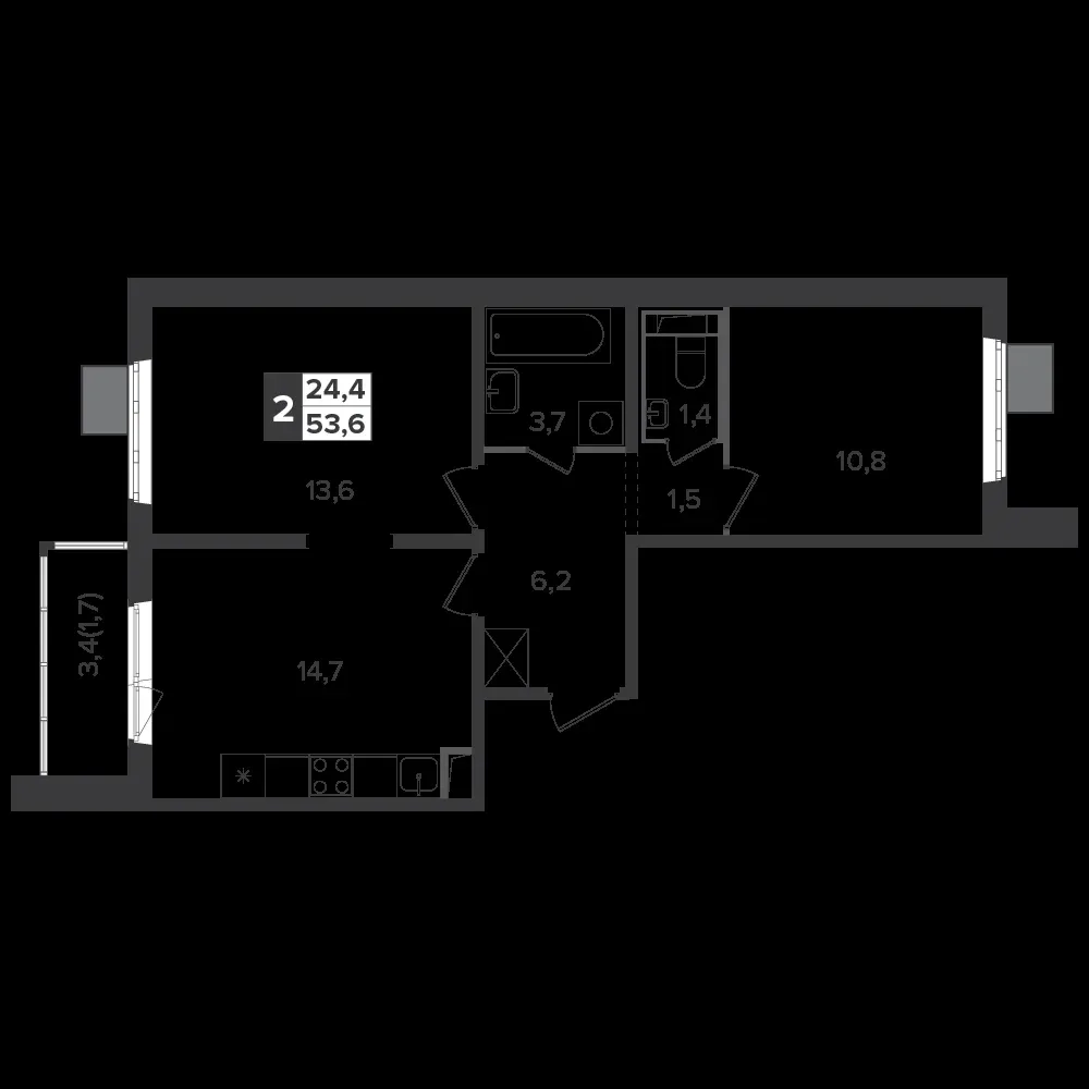 2-комнатная, 53,5 м² — 13 328 723 ₽