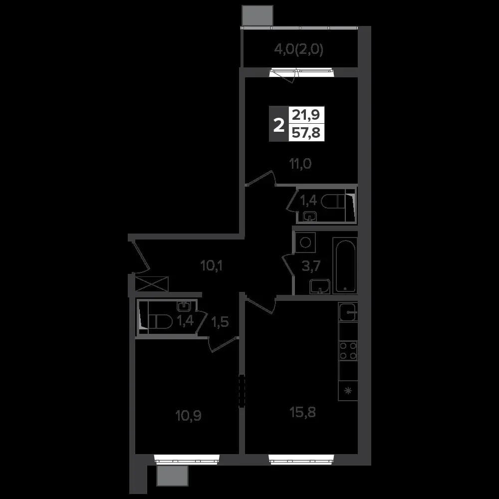 2-комнатная, 57,4 м² — 13 548 983 ₽