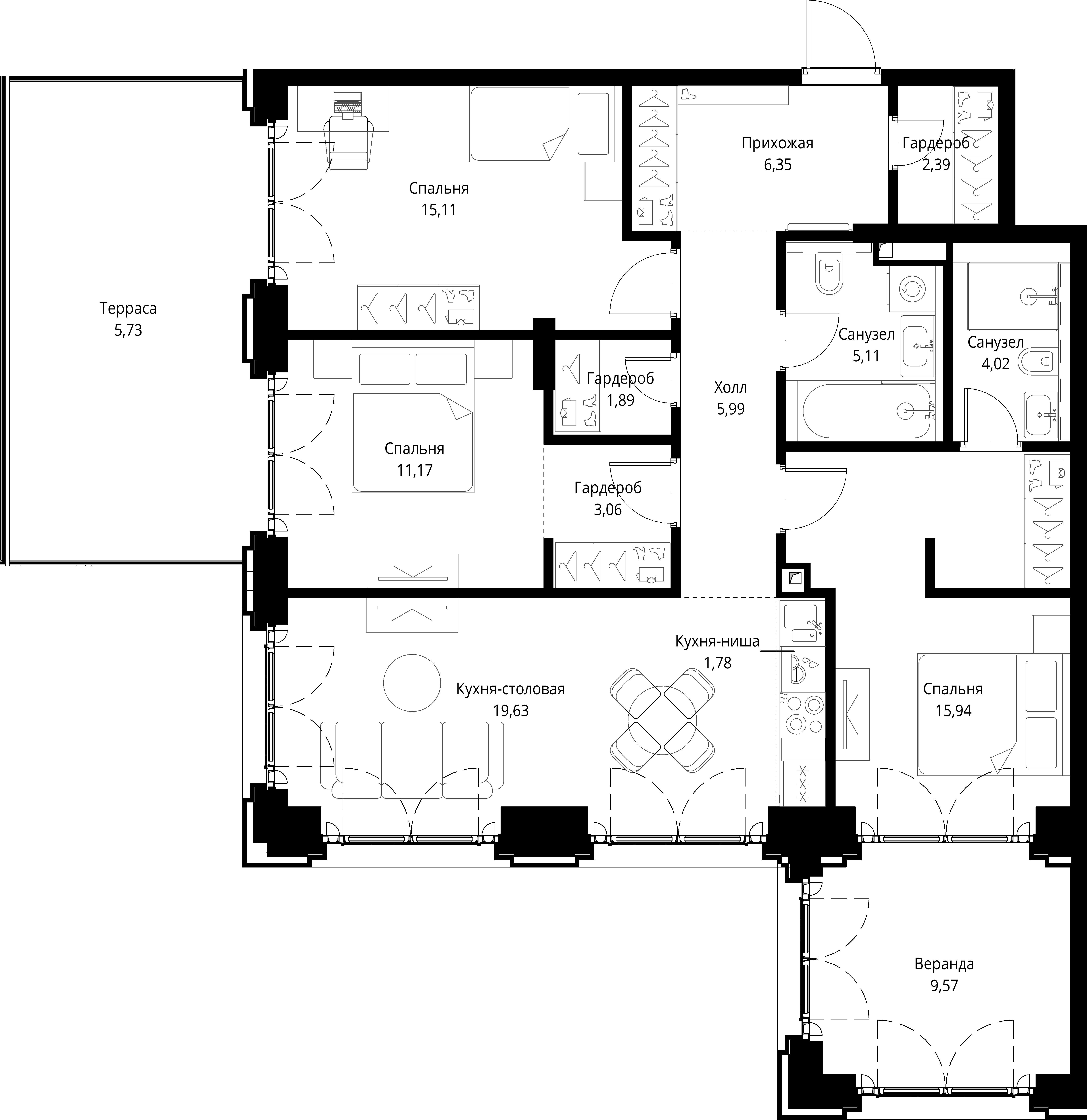 3-комнатная, 107,74 м² — 60 735 138 ₽