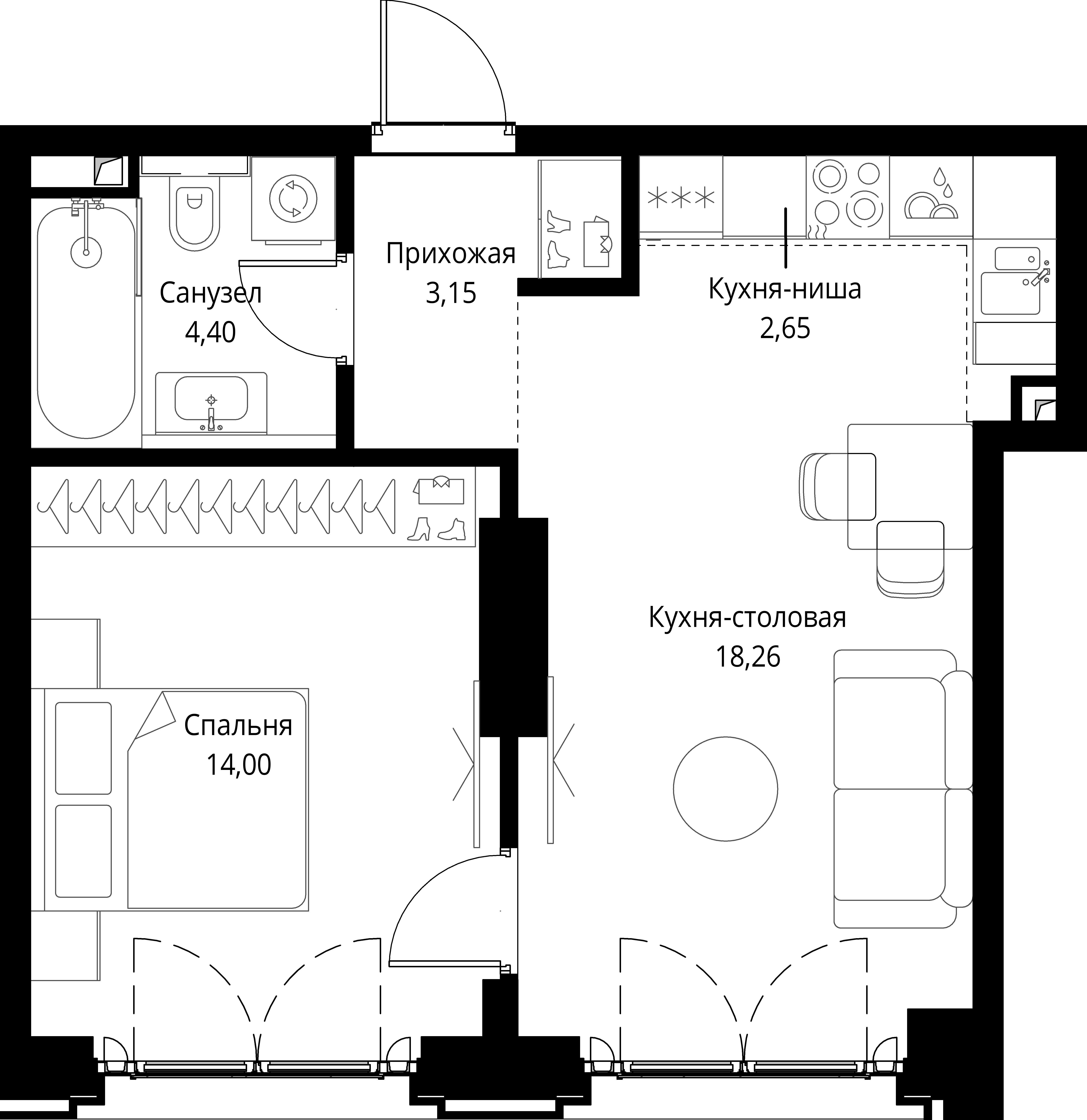 1-комнатная, 42,46 м² — 25 760 745 ₽