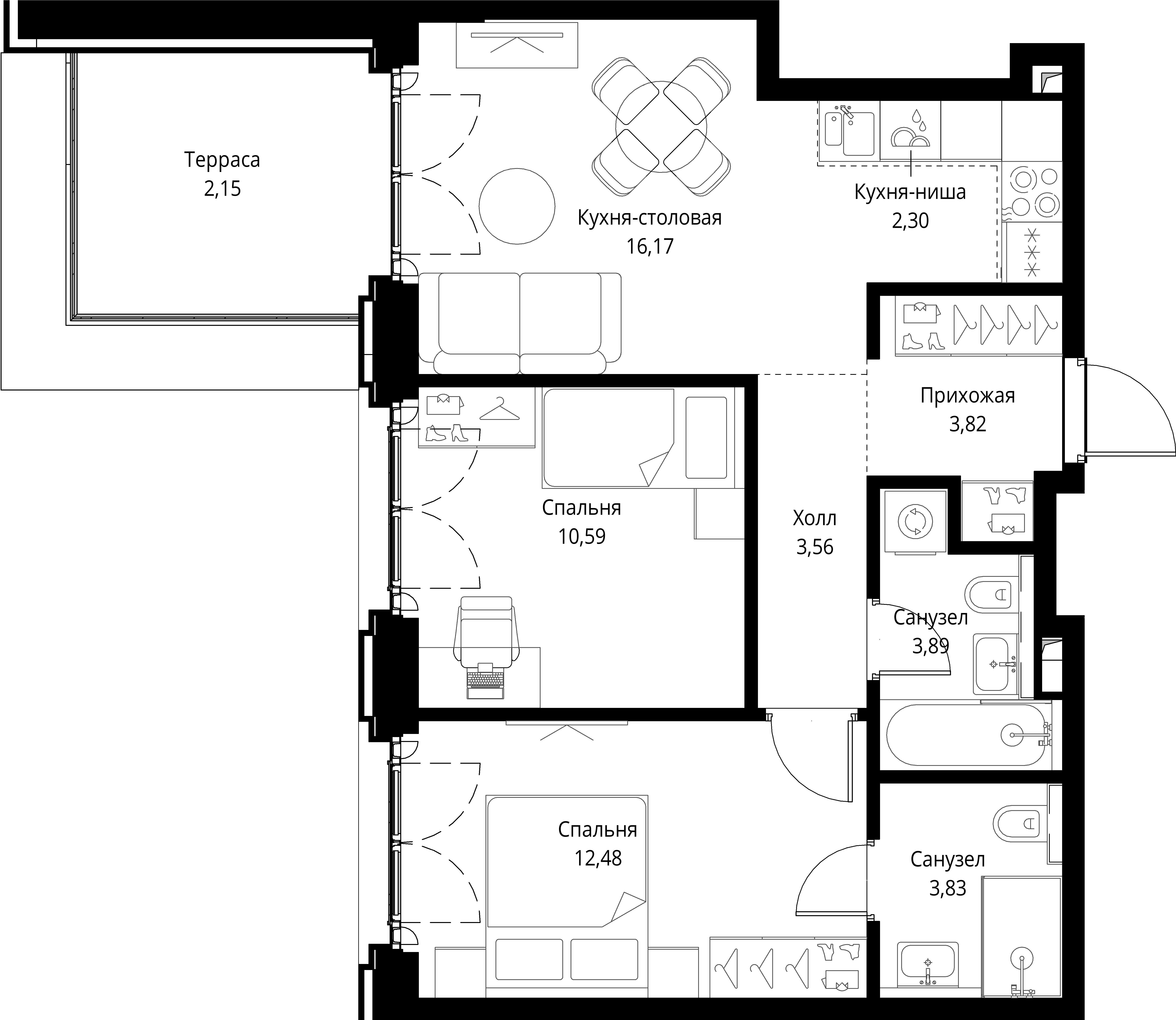 2-комнатная, 58,79 м² — 34 038 887 ₽