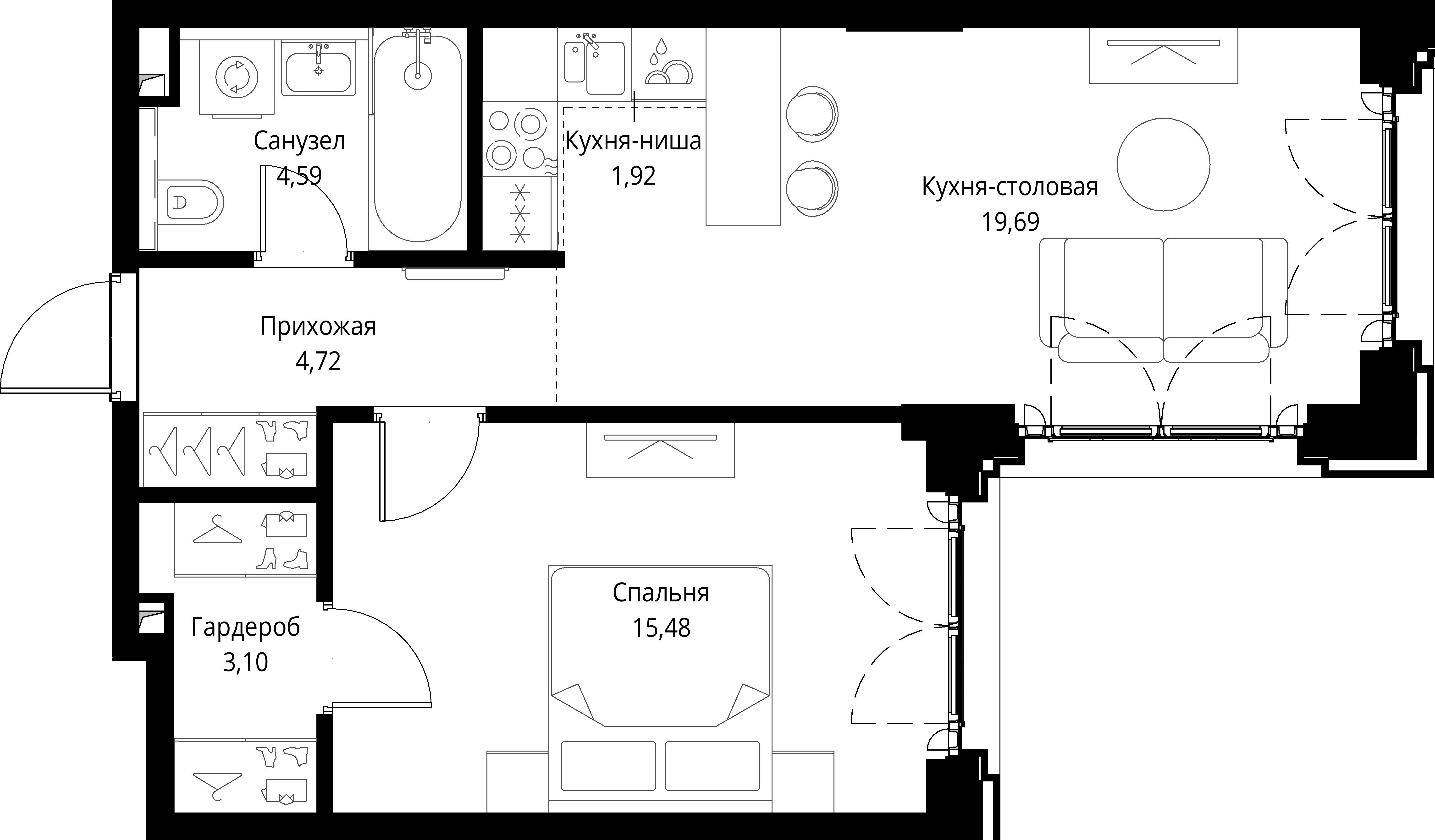 1-комнатная, 49,5 м² — 31 610 541 ₽