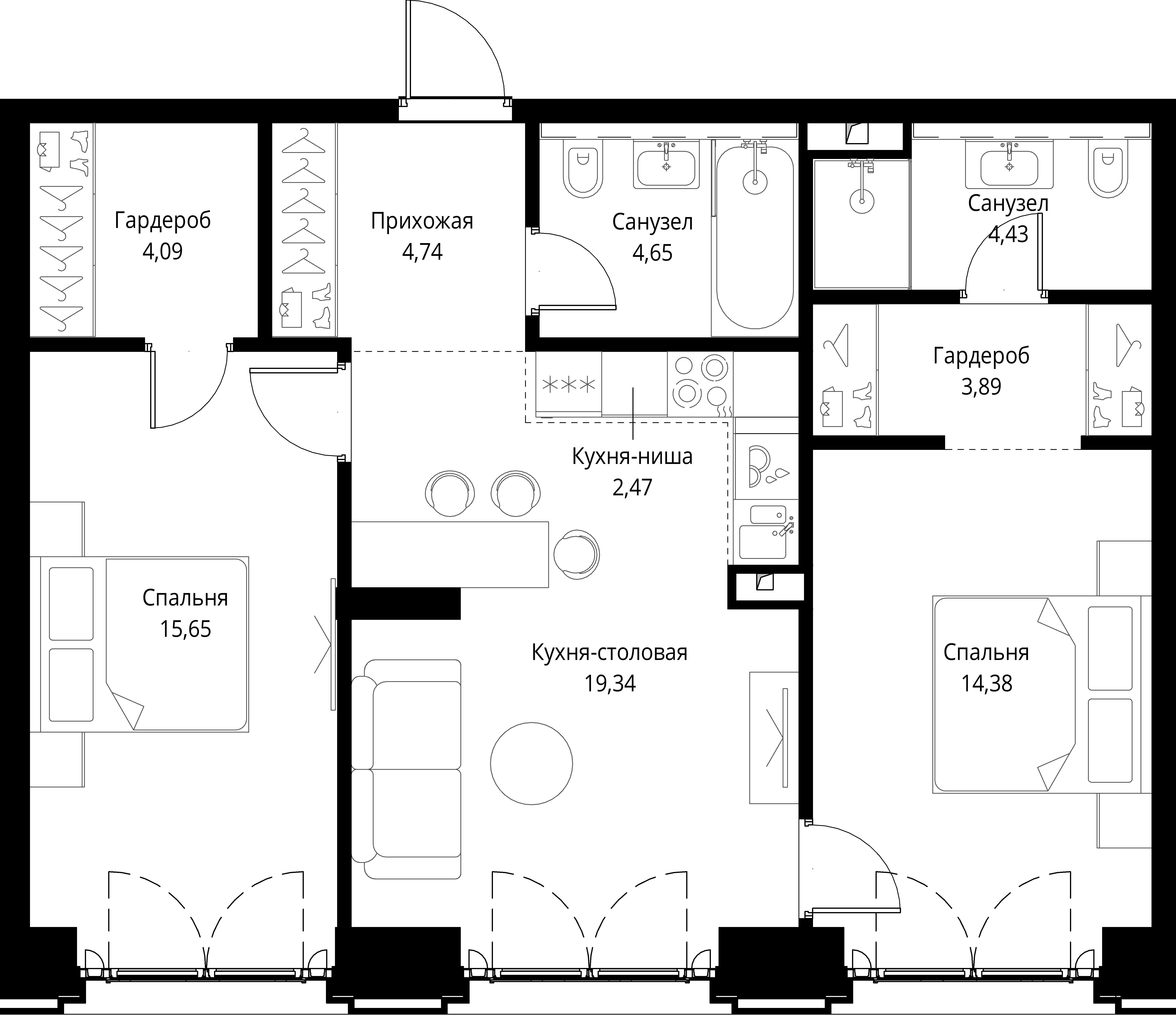 2-комнатная, 73,64 м² — 36 160 119 ₽