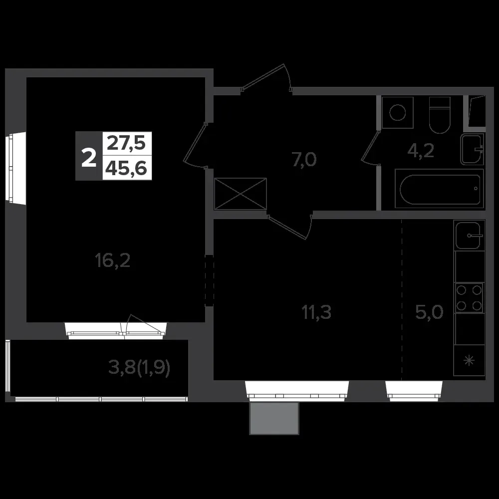 2-комнатная, 45,3 м² — 12 013 560 ₽