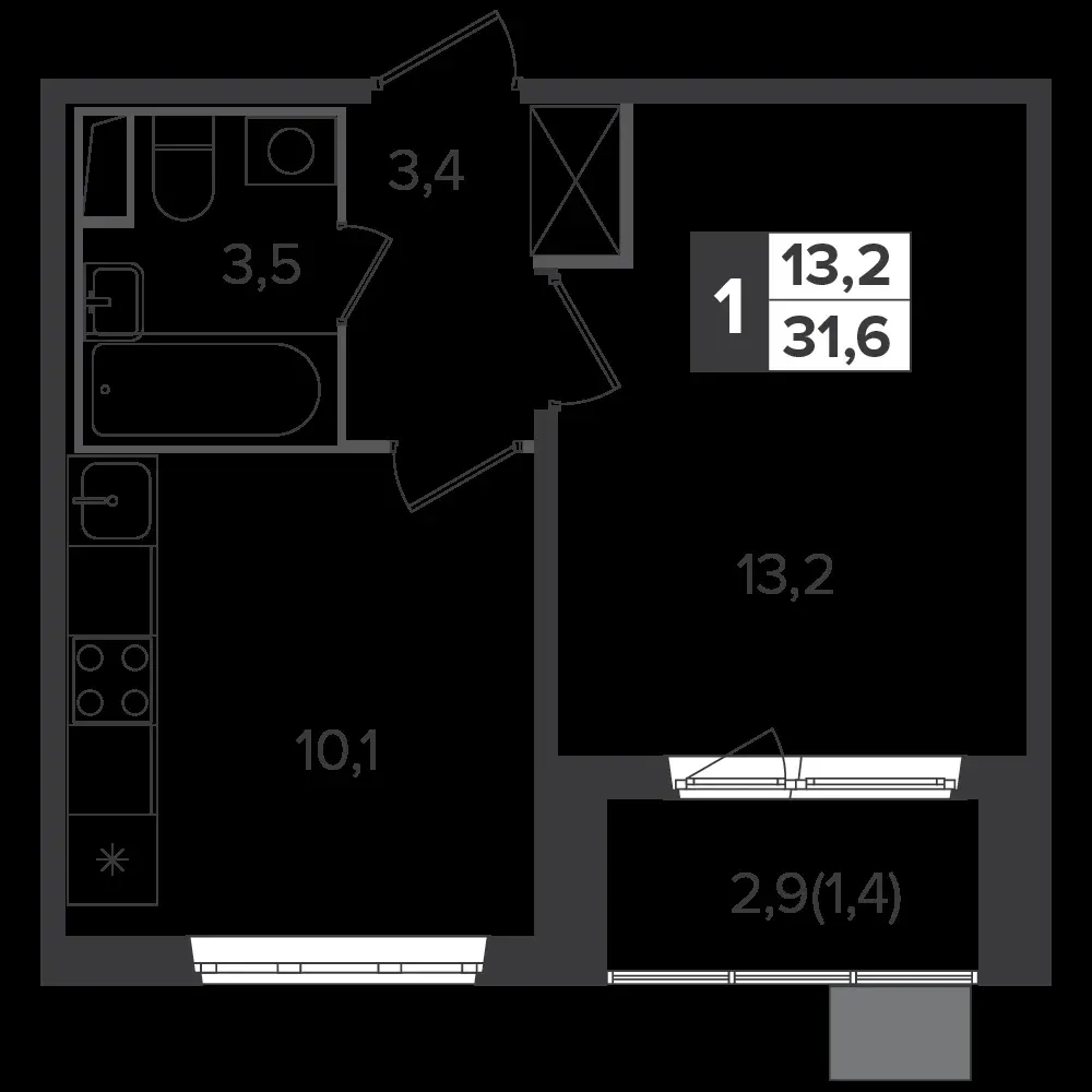 1-комнатная, 31,6 м² — 9 497 696 ₽