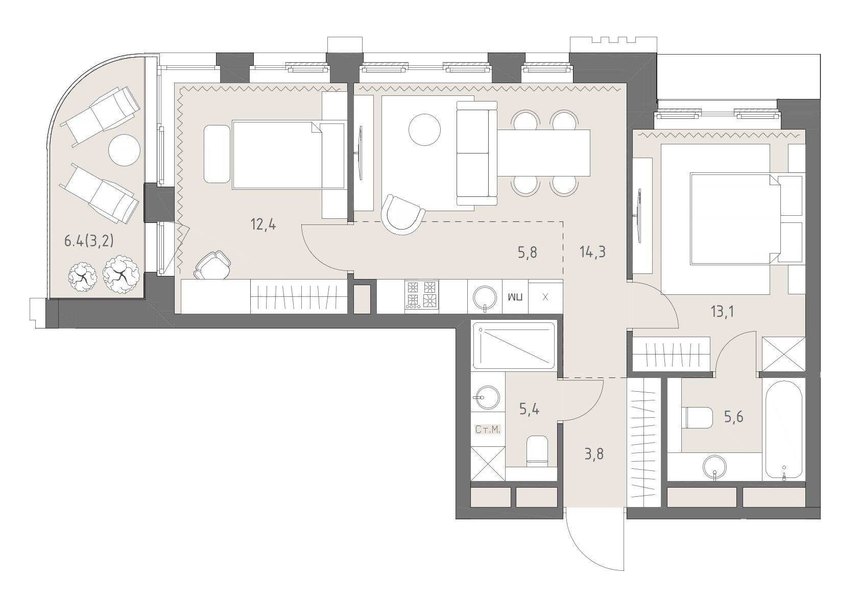 3-комнатная, 63,6 м² — 50 645 858 ₽