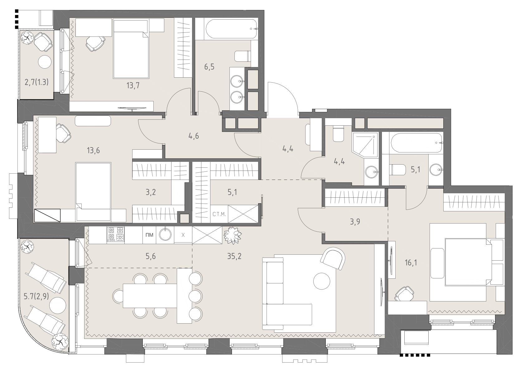 4-комнатная, 125,6 м² — 115 634 860 ₽