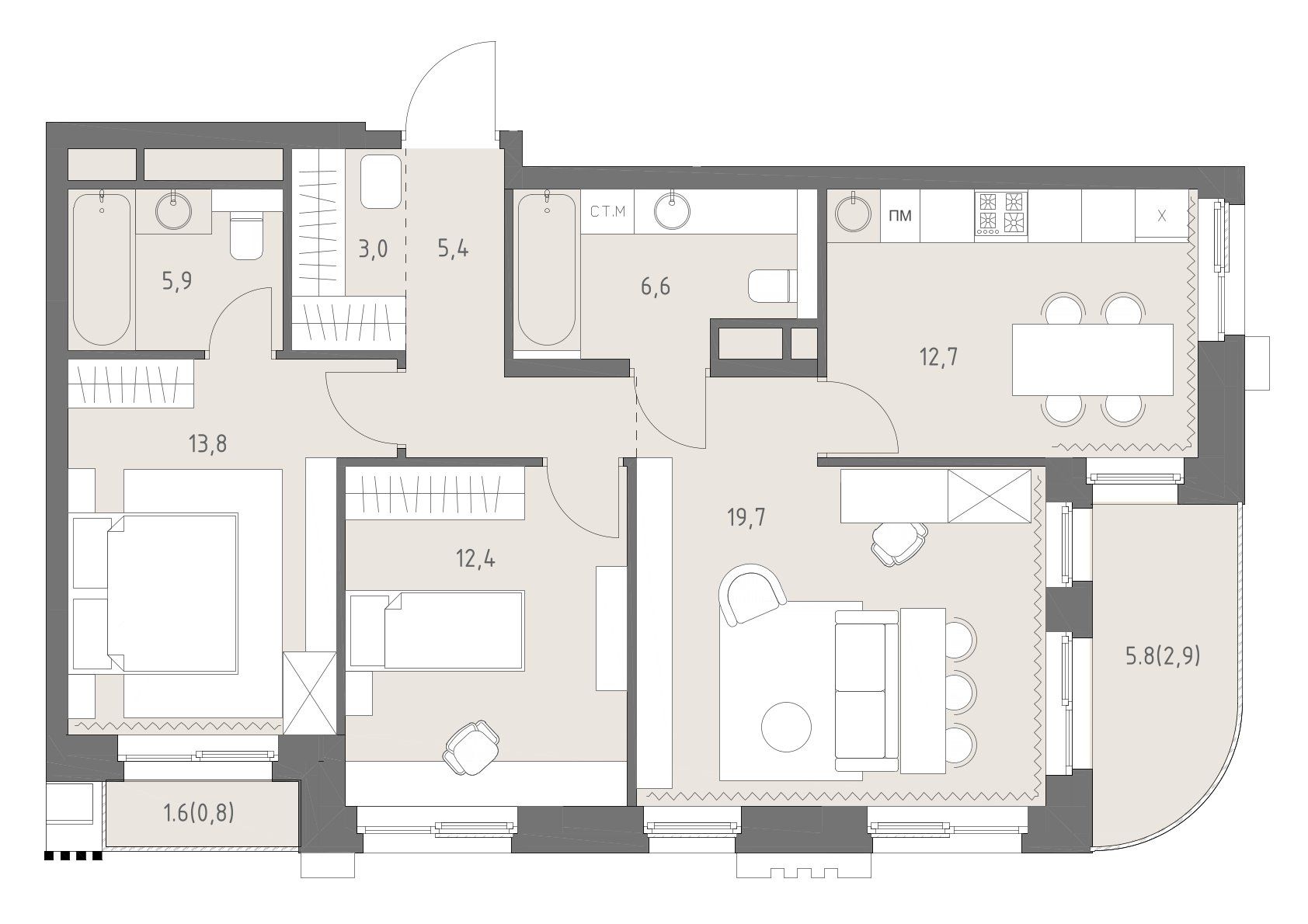 3-комнатная, 83,2 м² — 68 190 160 ₽