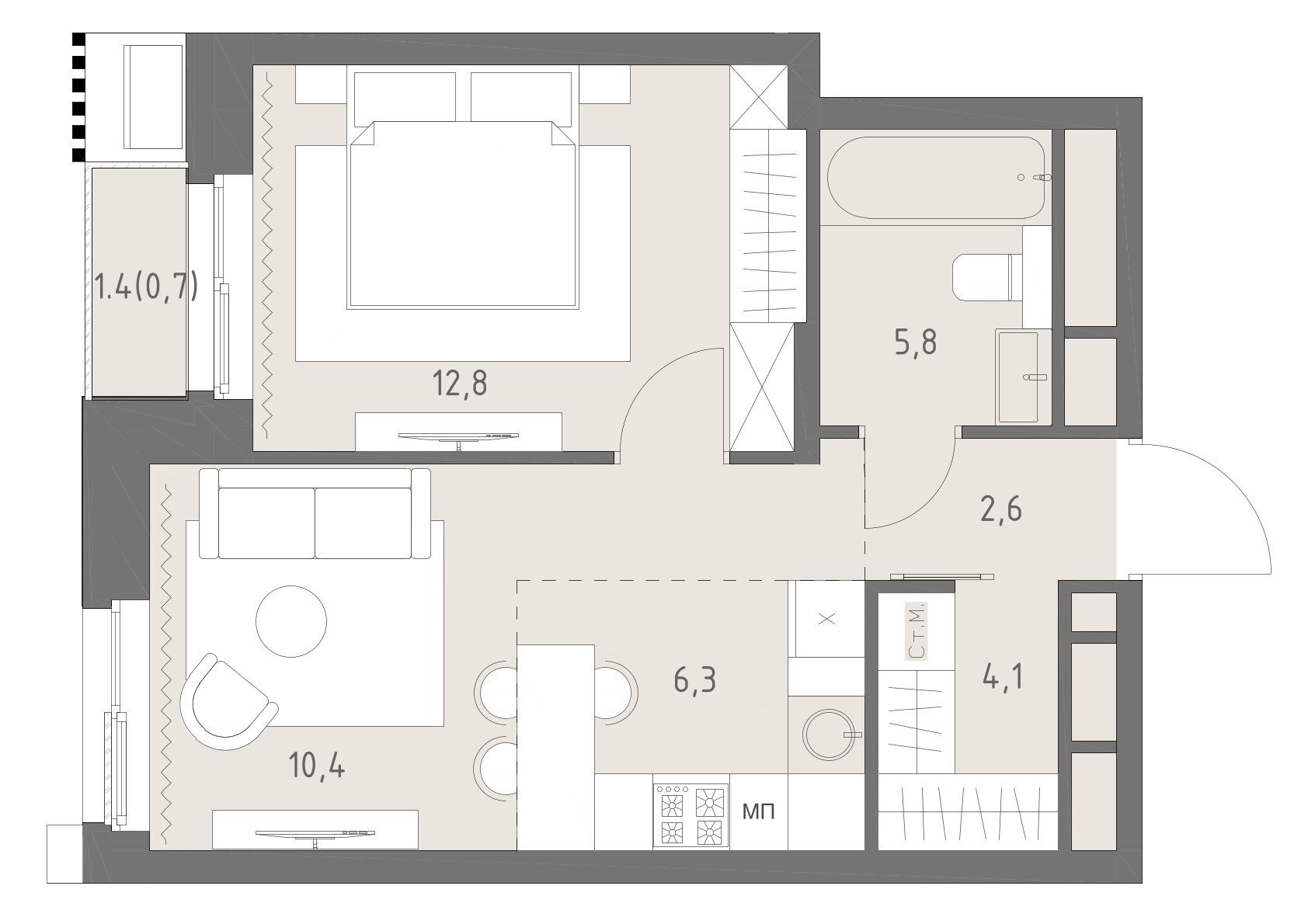2-комнатная, 42,7 м² — 42 369 074 ₽
