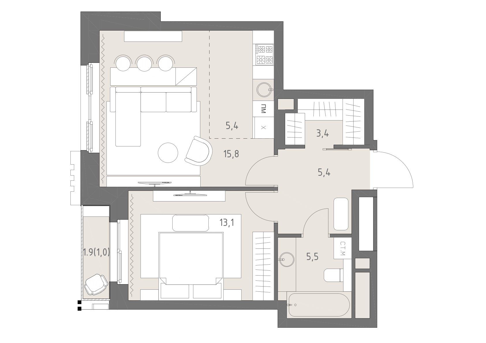 2-комнатная, 49,6 м² — 43 739 126 ₽