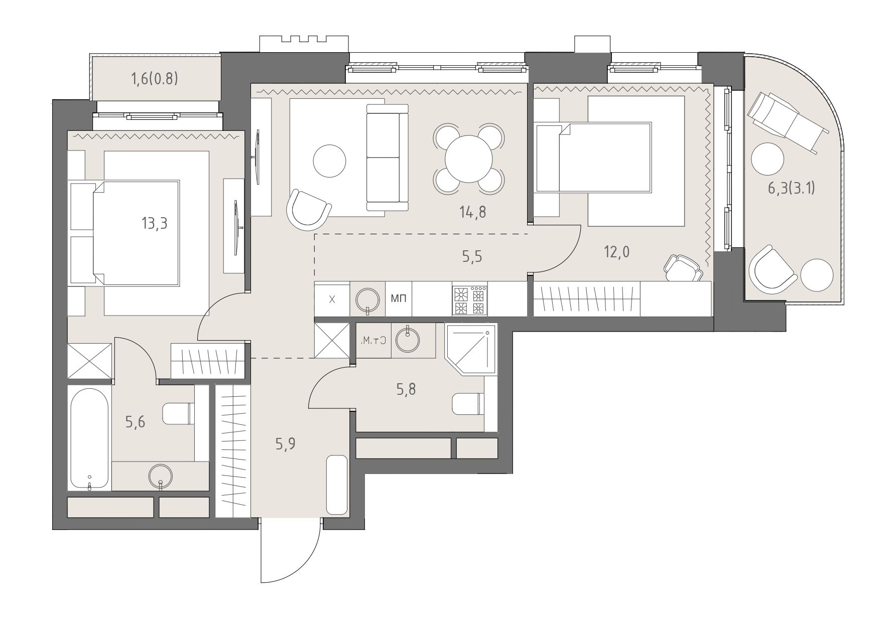 3-комнатная, 66,8 м² — 66 820 766 ₽