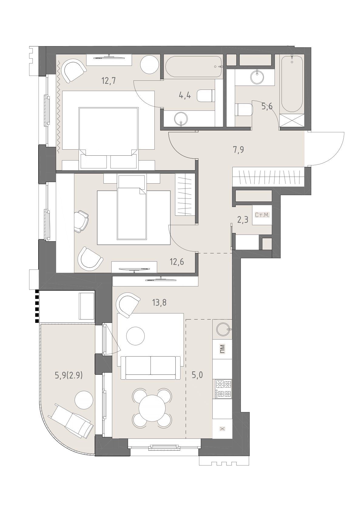3-комнатная, 67,2 м² — 54 450 810 ₽