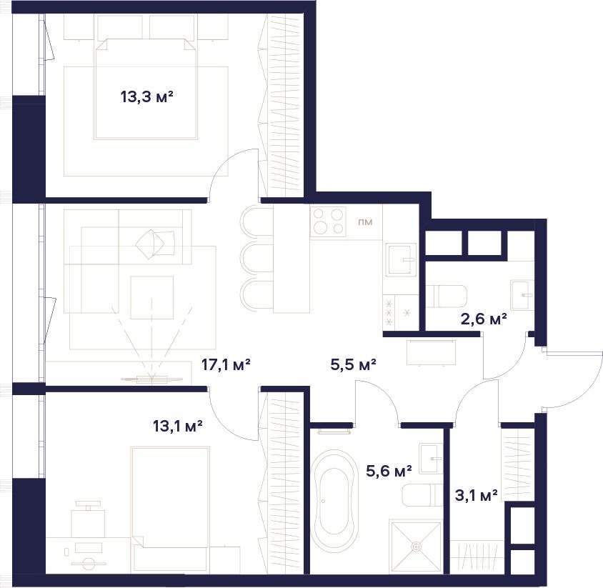 2-комнатная, 60,3 м² — 43 006 970 ₽