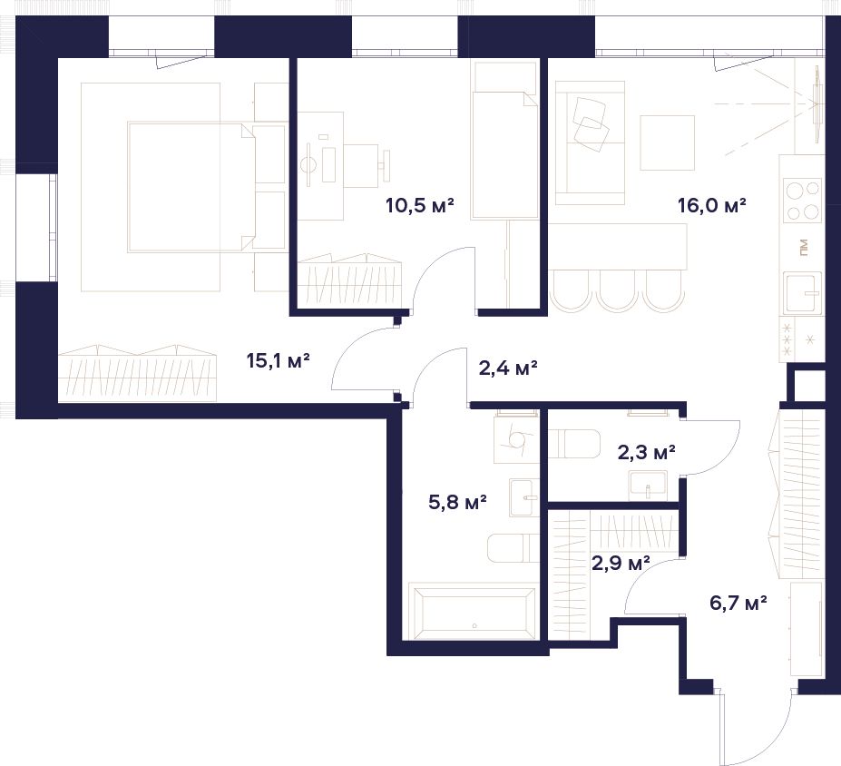 2-комнатная, 61,7 м² — 49 677 230 ₽