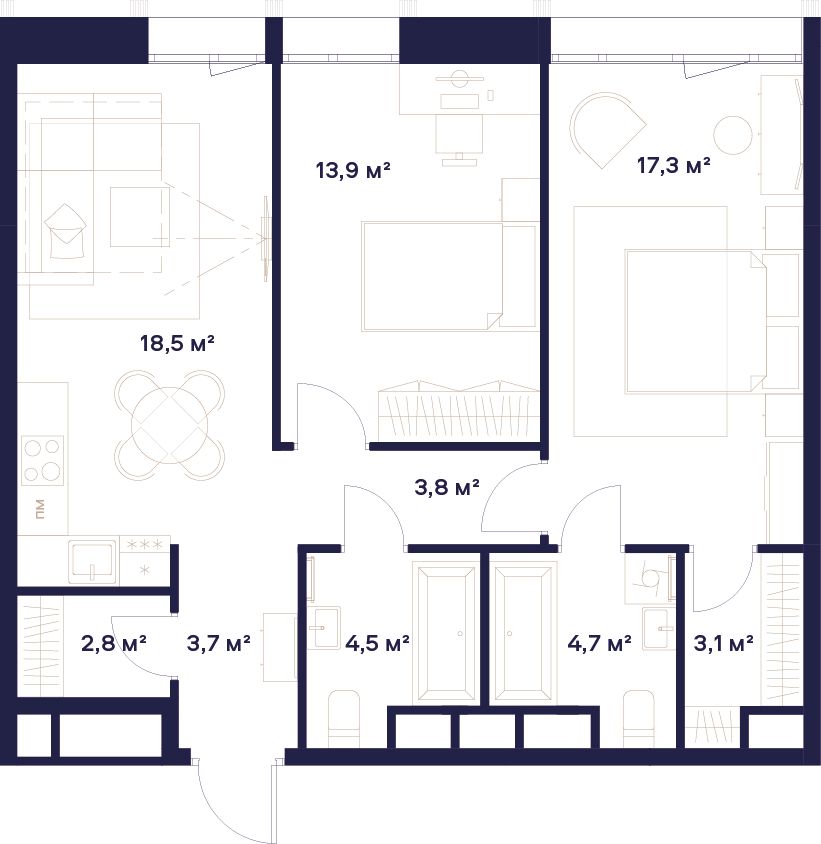 2-комнатная, 72,3 м² — 53 933 360 ₽