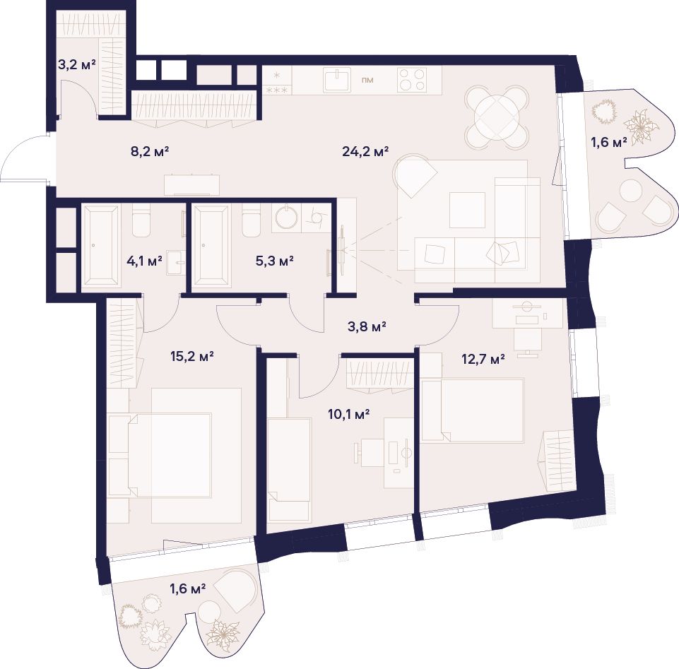 3-комнатная, 90 м² — 66 944 000 ₽