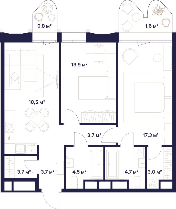 2-комнатная, 74,5 м² — 59 747 850 ₽
