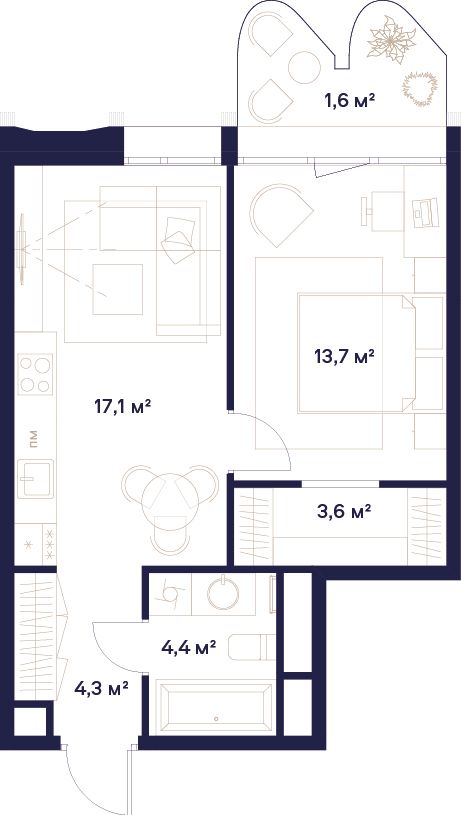 1-комнатная, 44,7 м² — 38 400 620 ₽
