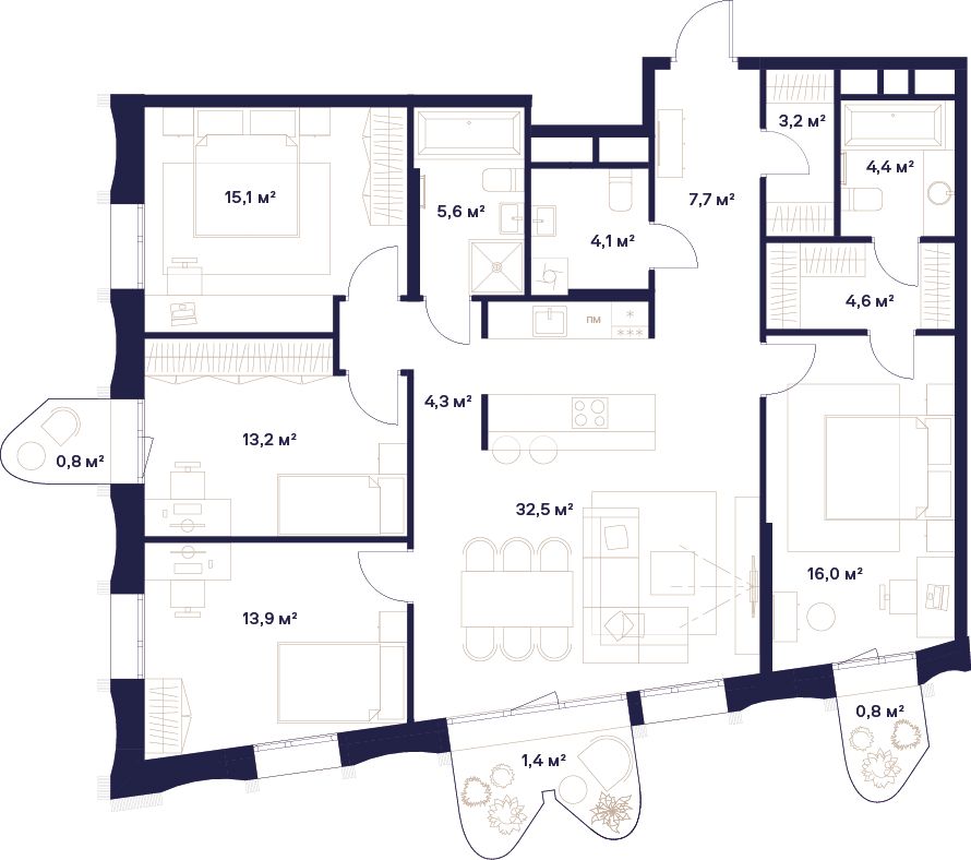 4-комнатная, 127,6 м² — 91 650 920 ₽