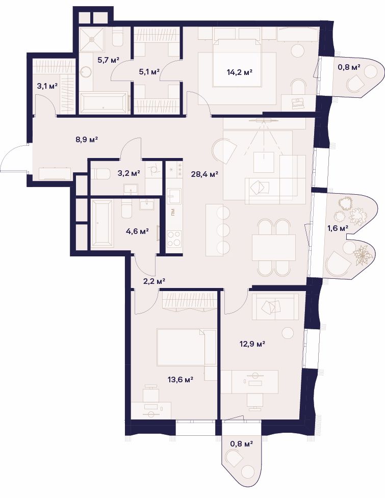 3-комнатная, 105,1 м² — 80 727 620 ₽