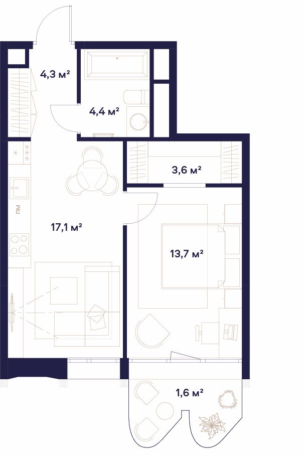 1-комнатная, 44,7 м² — 32 741 600 ₽
