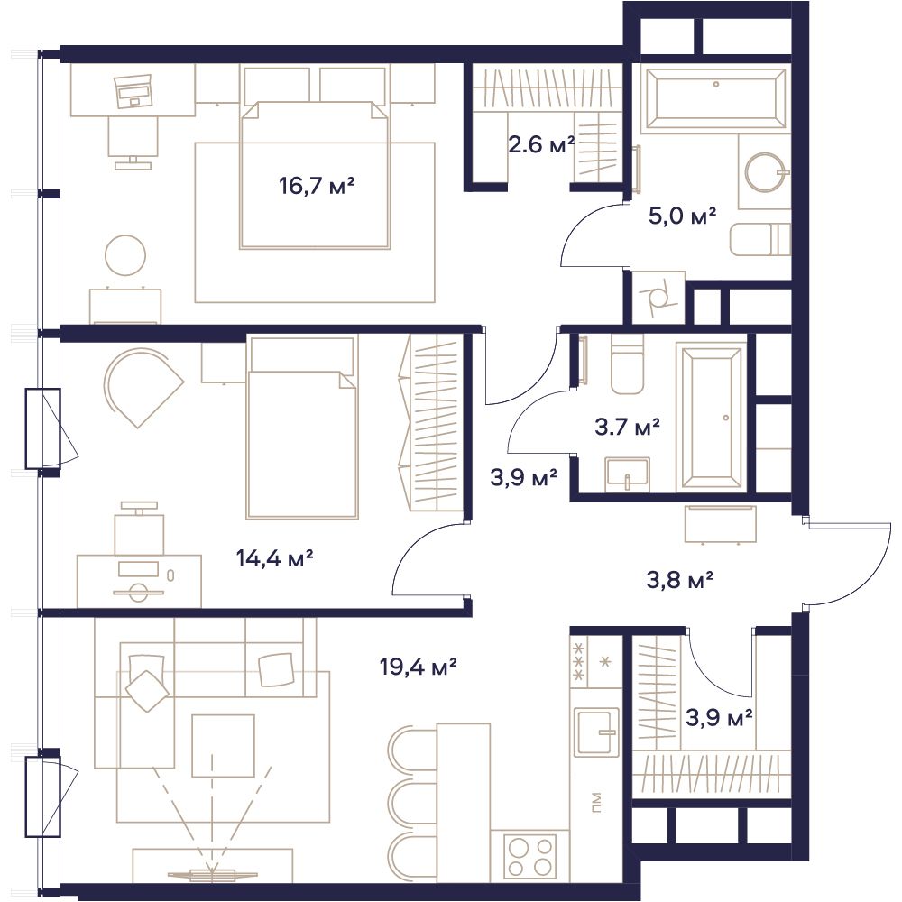 2-комнатная, 72,5 м² — 88 102 625 ₽