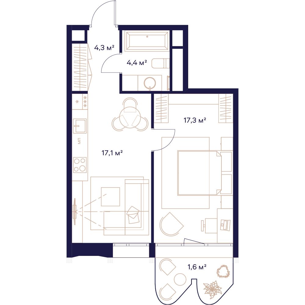 1-комнатная, 45 м² — 33 167 000 ₽