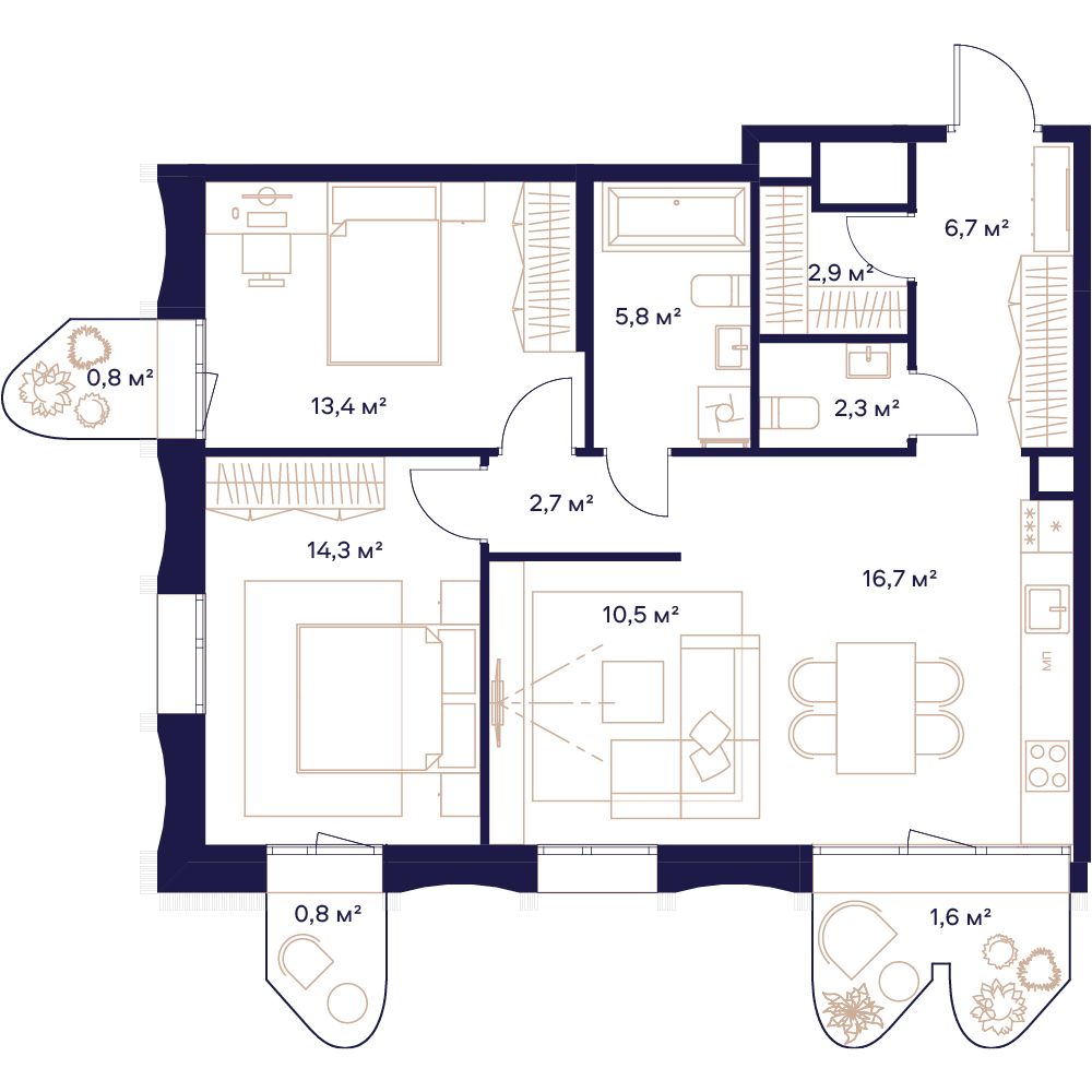 3-комнатная, 78,4 м² — 58 074 880 ₽